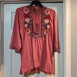 Johnny Was Embroidered Dusty Rose V-Neck Tunic